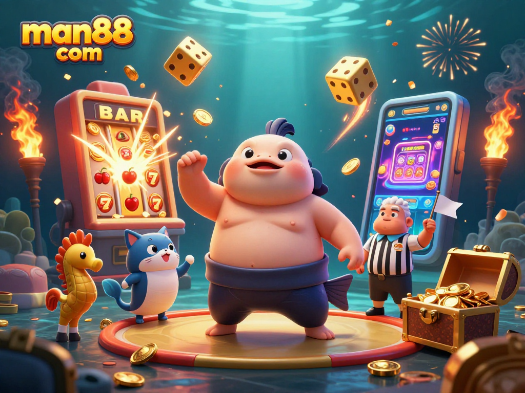 Man88 com showcases an exciting underwater casino scene with a lively fugu, catfish, and animated elements.