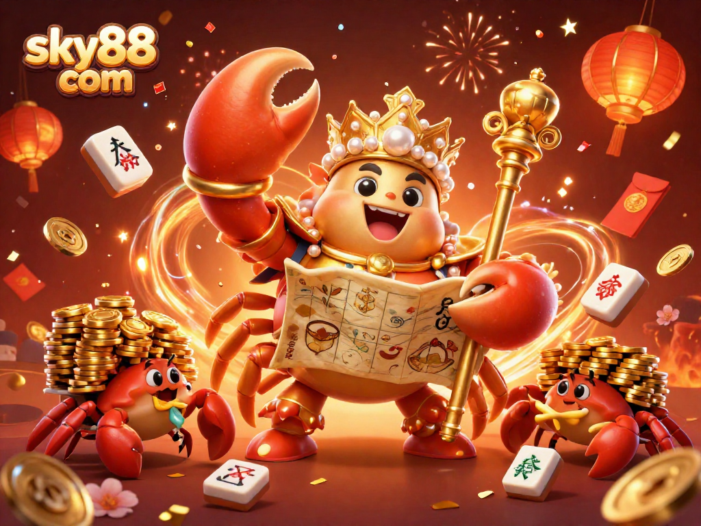 Experience excitement on sky88 com with a vibrant 3D casino scene featuring a golden crab emperor and festive elements.