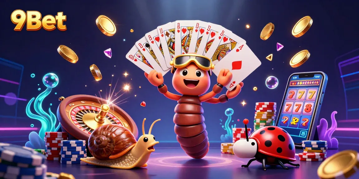 Experience thrilling gaming with 9Bet: a bustling casino scene featuring a colorful dealer and animated characters.