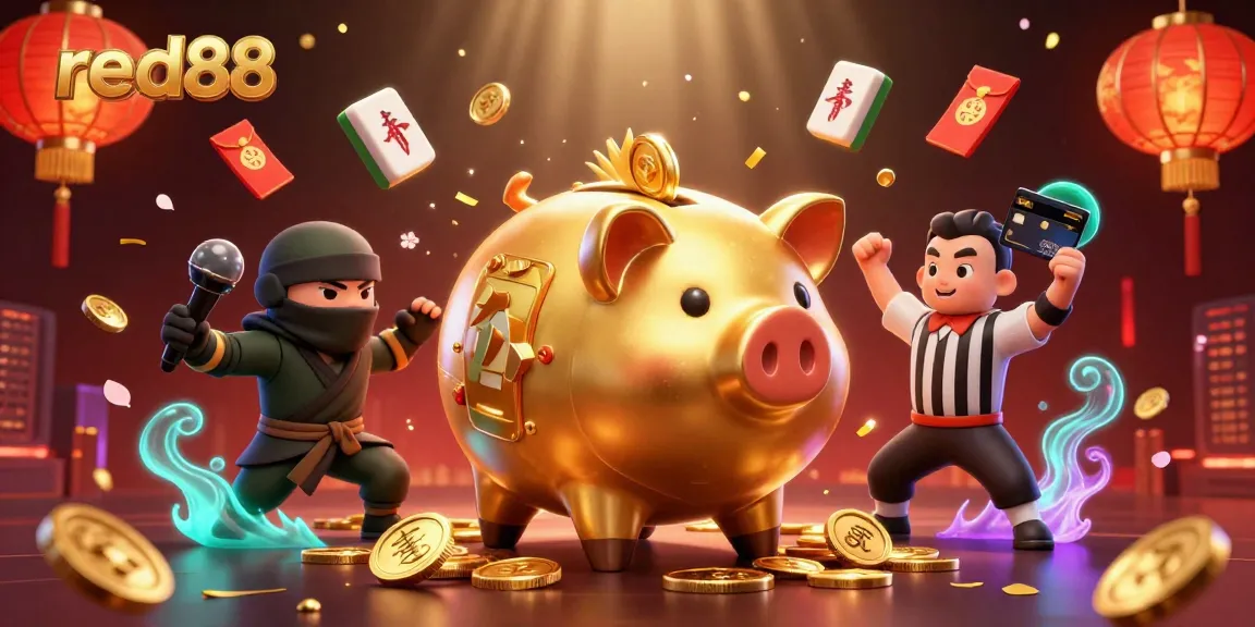 Engage with thrilling red88 casino action featuring a golden piggy bank sumo wrestler and immersive game elements.