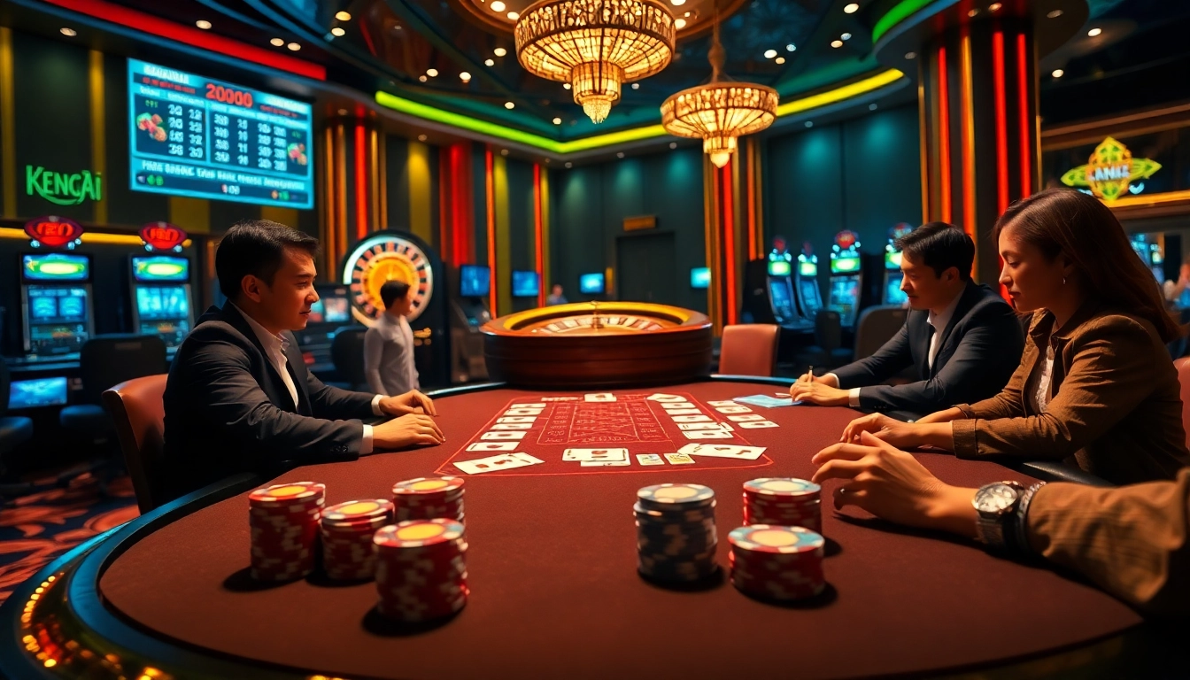 Keonhacai5 showcases an exciting casino atmosphere with poker tables and vibrant betting action.