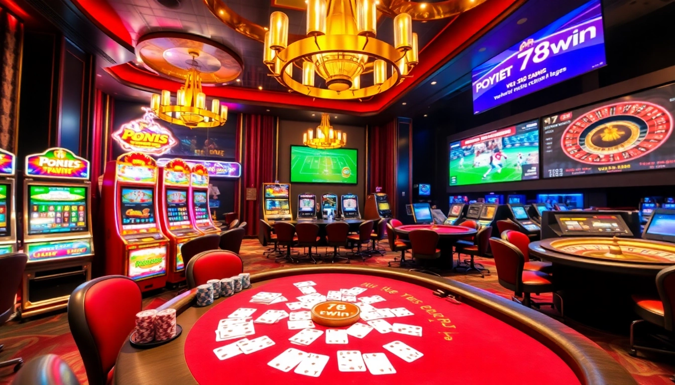Players at the lavish 78win casino engaging with poker chips and cards.