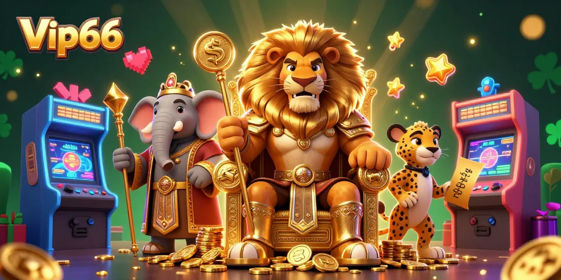 Join the excitement at Vip66 with a vibrant casino scene featuring a lion king and dynamic game elements.