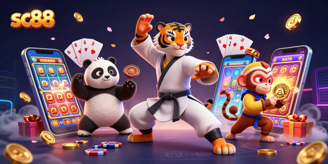 Experience the thrilling world of sc88 slots with a tiger master and playful panda in vibrant 3D illustration.