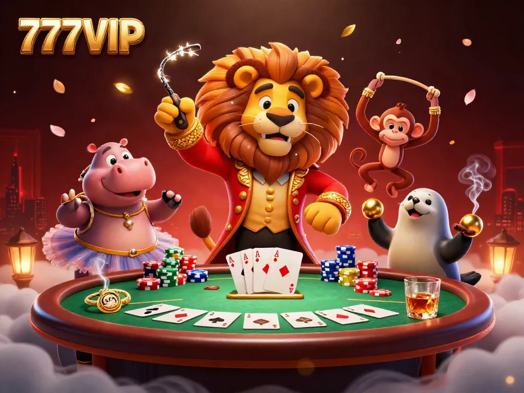 Experience thrilling gameplay at 777VIP with a vibrant casino scene featuring lively characters and poker elements.