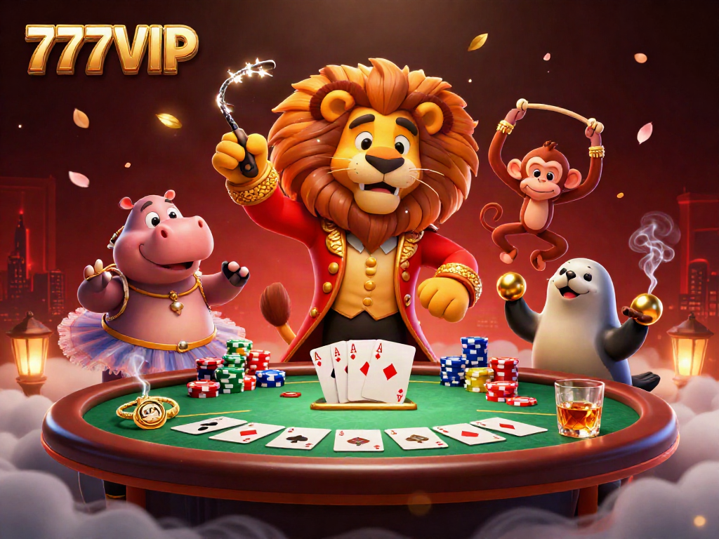 Experience thrilling gameplay at 777VIP with a vibrant casino scene featuring lively characters and poker elements.