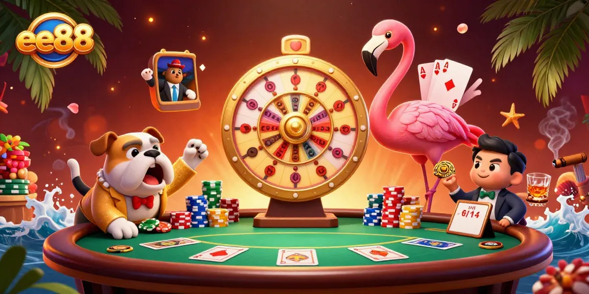 Experience the ee88 excitement with a dynamic game show host, bulldog contestant, and scoreboard cat in a vibrant casino scene.