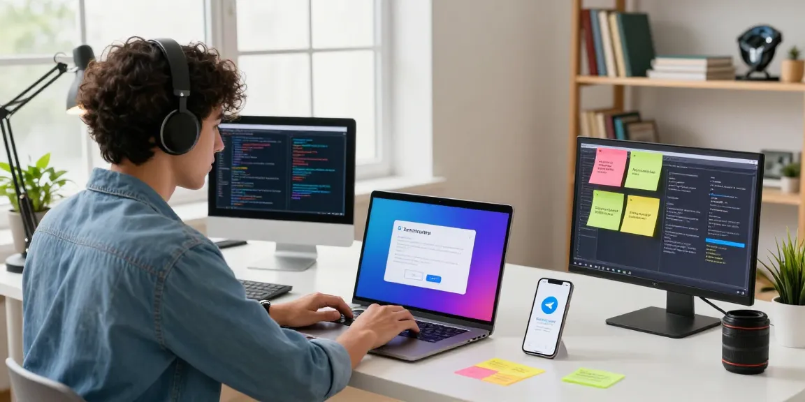 Demonstrating Telegram download in a modern workspace with vibrant elements.