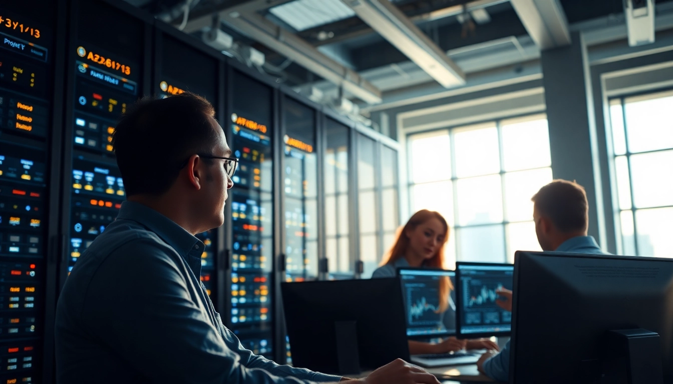 Showcase of adult hosting services with a modern data center and a focused team discussing strategies.