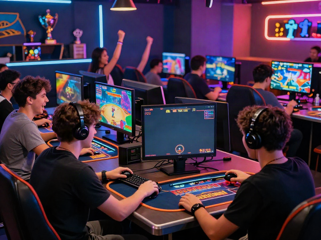 Exciting gaming experience at https://fc88v1.com/ with players enjoying casino games in a vibrant lounge.
