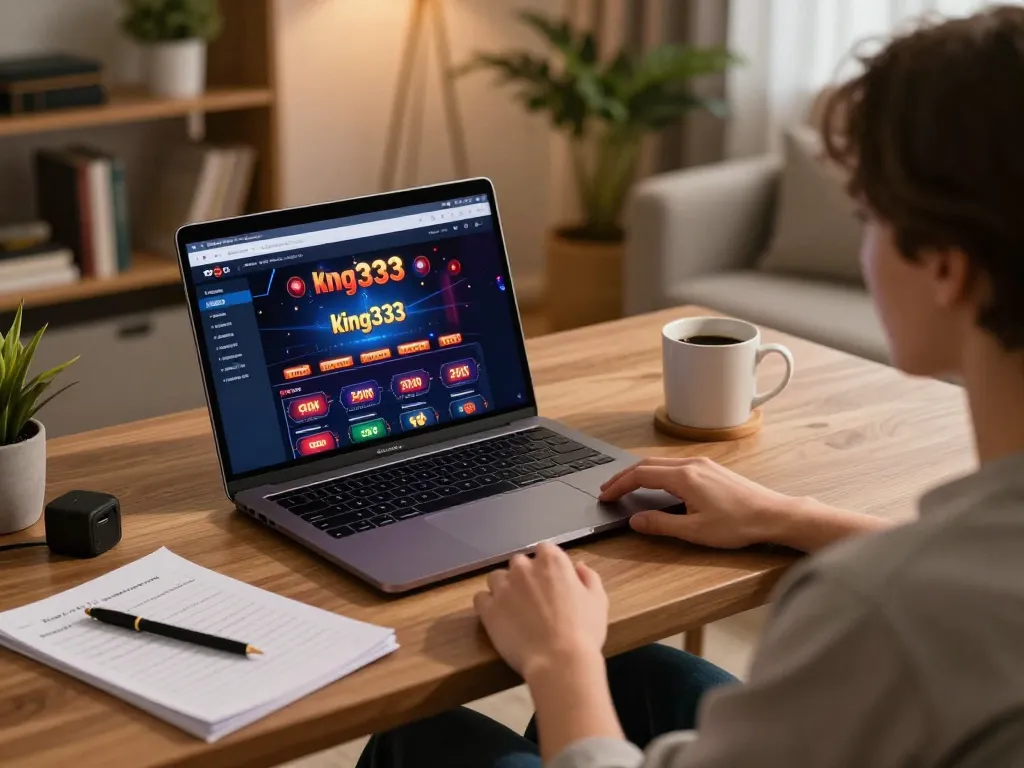 Engaging in strategic online gaming with king333 at a cozy home setup, reflecting responsible gambling.