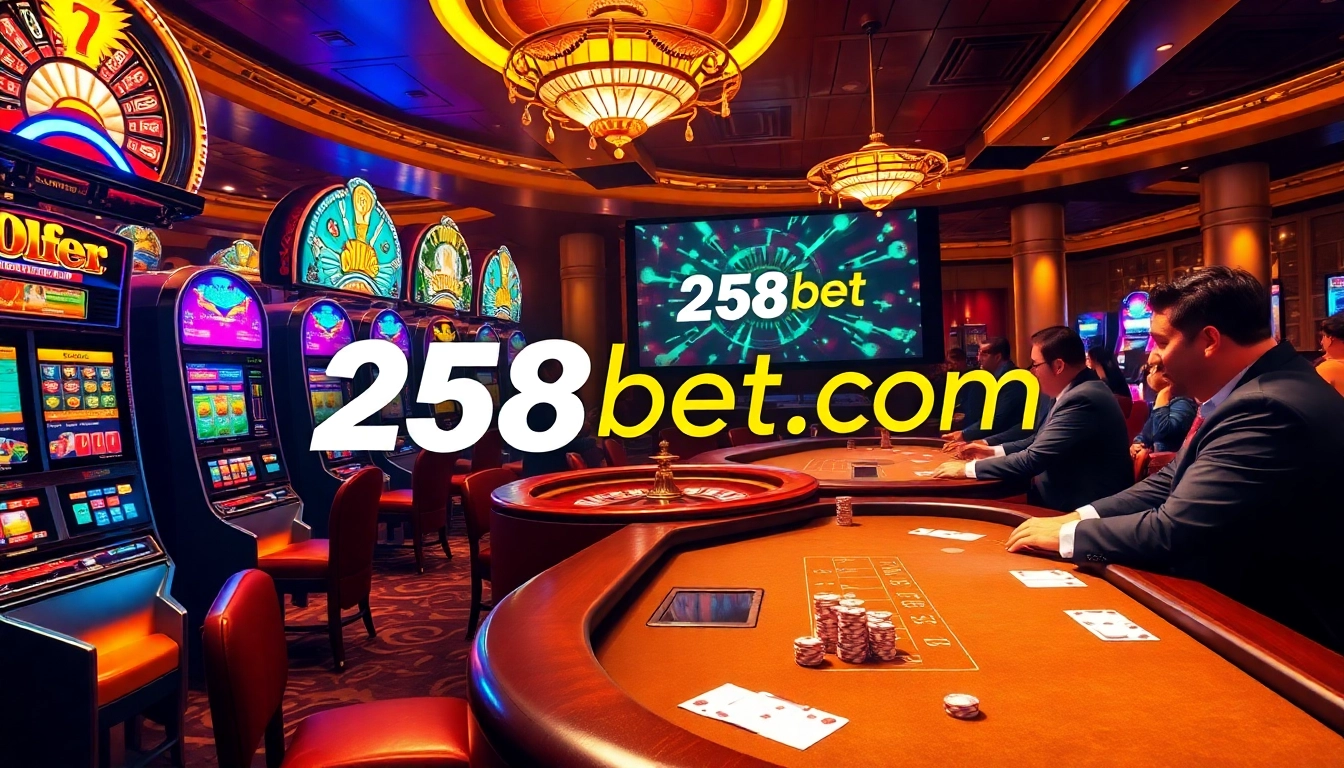 Exciting casino gameplay and vibrant atmosphere at 258bet com, featuring slot machines and poker tables.