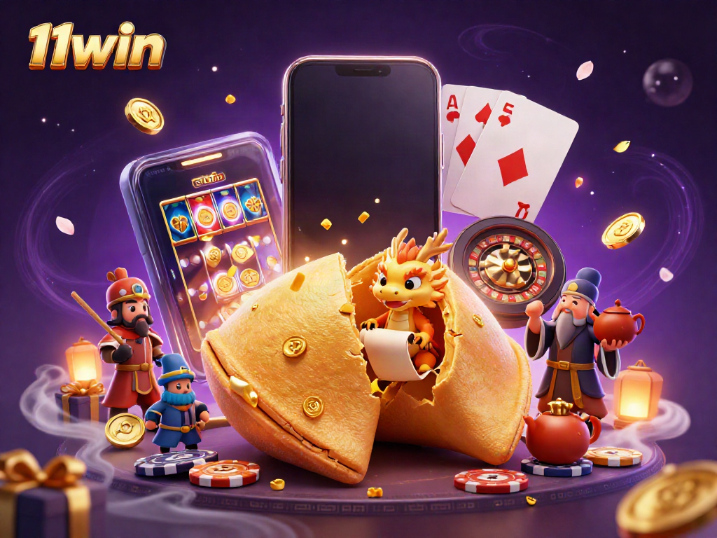 Engage in thrilling gaming adventures with the vibrant 11win casino experience featuring a golden fortune cookie and slot games.
