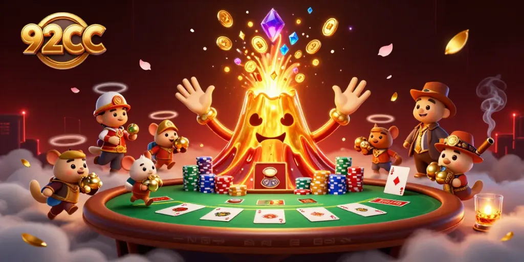 Engage with thrilling moments at 92CC Casino, featuring a golden volcano erupting treasure amidst poker chips and cards.