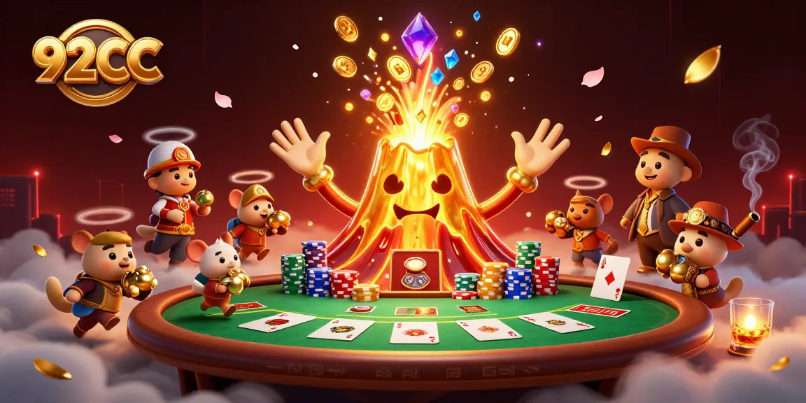 Engage with thrilling moments at 92CC Casino, featuring a golden volcano erupting treasure amidst poker chips and cards.