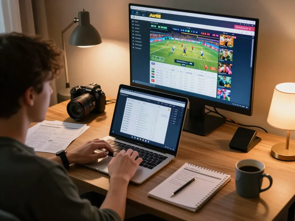 Engaging in online sports betting at Jun88 Official with a laptop and strategy notes