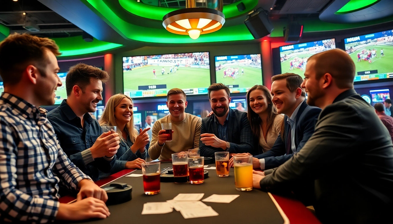 Pari sur rugby à des paris sportifs dans un casino animé avec des amis.