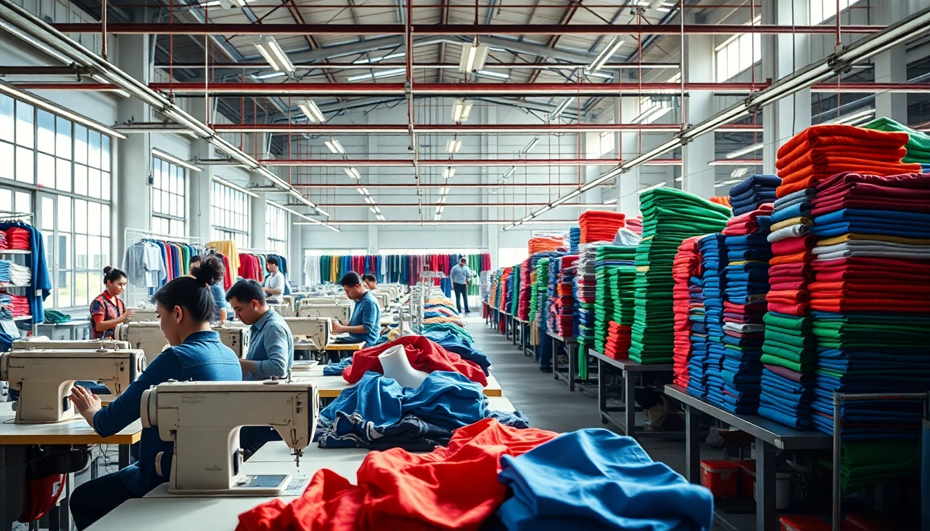 High-quality clothing manufacturing scene depicting Clothing Suppliers China in a vibrant factory setting.