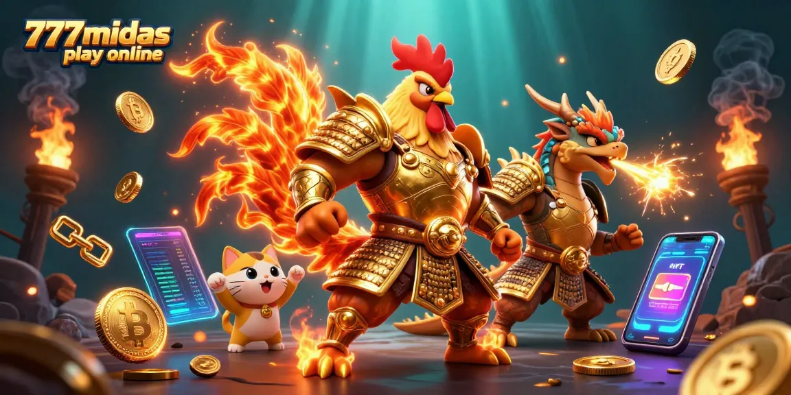 Engage with 777midas play online through a vibrant 3D illustration of a rooster warrior and dragon amidst crypto coins.