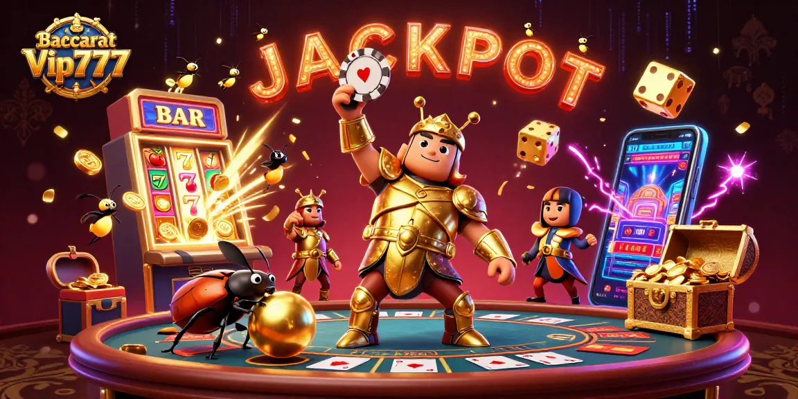 Baccarat Vip777 showcases a victorious beetle lifting a poker chip with dynamic casino elements in action.