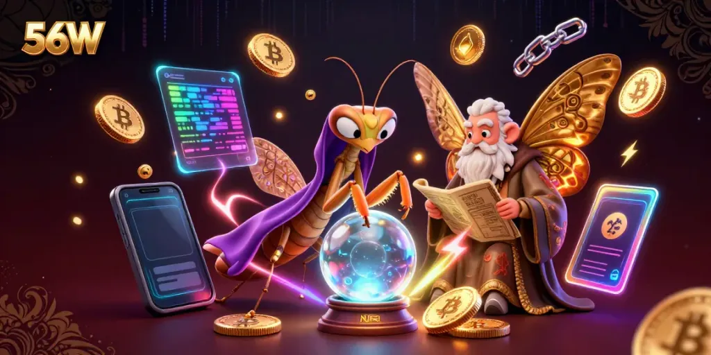 Engage with the vibrant 56W world of gambling, featuring a mystical fortune teller and digital currency elements.