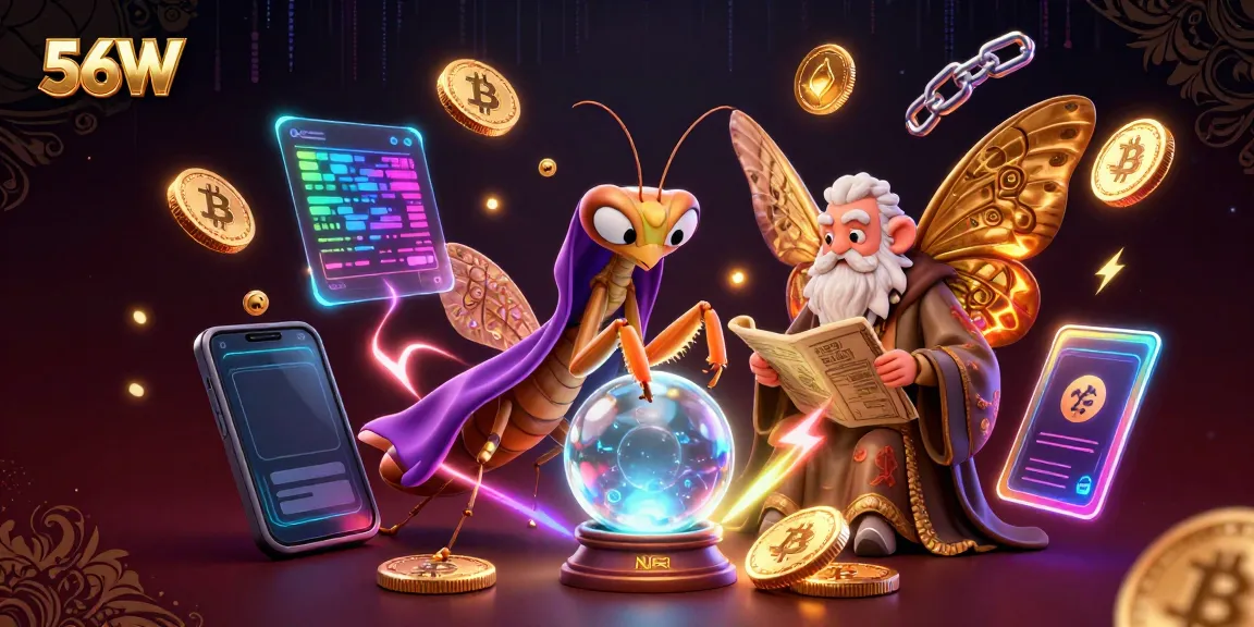 Engage with the vibrant 56W world of gambling, featuring a mystical fortune teller and digital currency elements.
