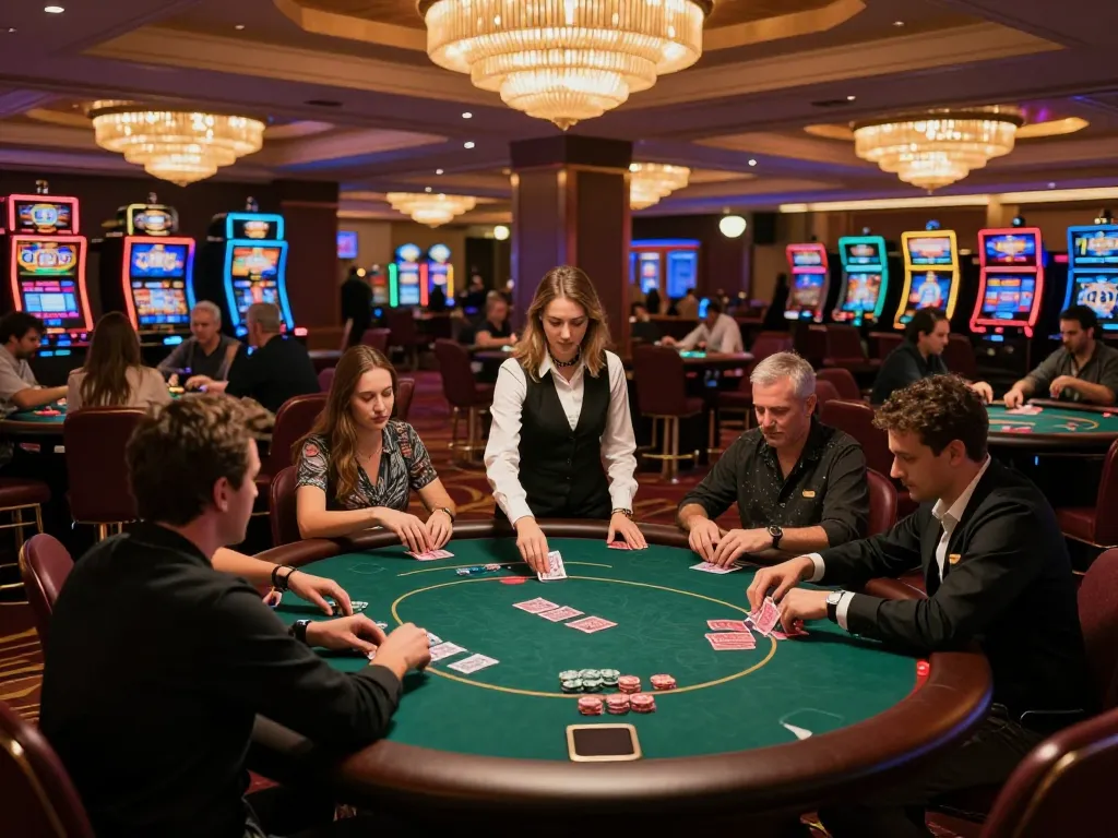 Players at king33 engaging in a thrilling game of poker with vibrant casino atmosphere.