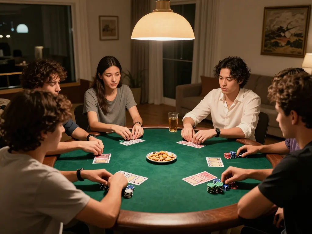 Friends enjoying a poker game night at home featuring the 27G platform, showcasing chips and cards in action.