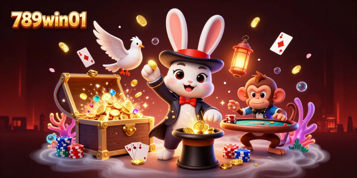 Engage with thrilling action at 789win01 as a magician rabbit pulls golden coins, surrounded by poker chips.
