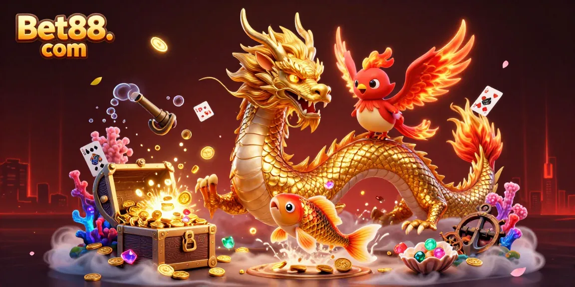 Experience the excitement of Bet88. com with a dynamic 3D illustration depicting a golden dragon and red phoenix in a vibrant scene.