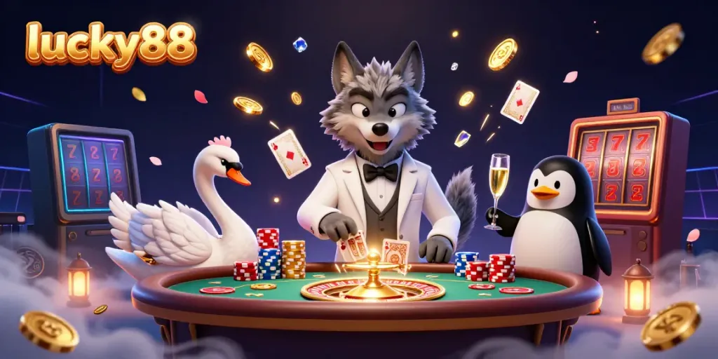 Witness the thrilling baccarat game at lucky88 with a debonair wolf, elegant swan, and sophisticated penguin.