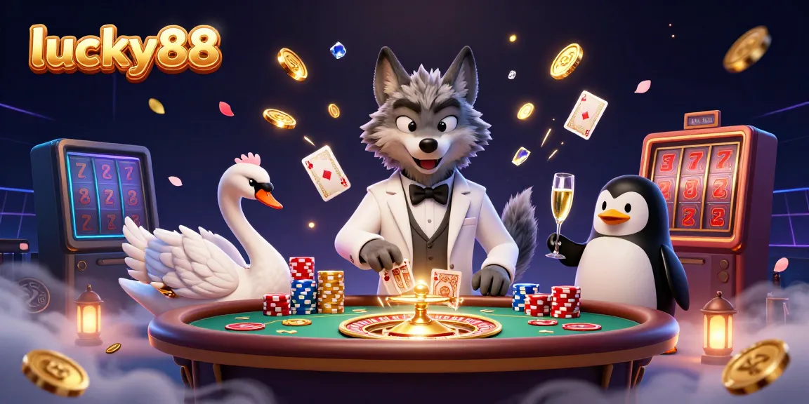 Witness the thrilling baccarat game at lucky88 with a debonair wolf, elegant swan, and sophisticated penguin.