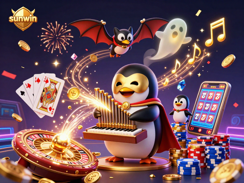 Experience sunwin's captivating casino excitement with a charming penguin and vibrant gaming elements.
