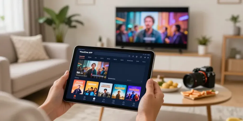 Configuração de streaming em casa com o YouCine APK mostrando seleção de filmes no tablet em ambiente aconchegante.