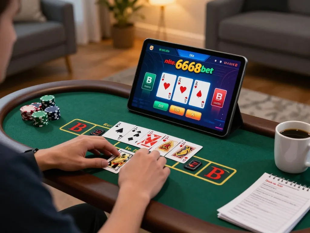 Um jogador aproveitando o blackjack com dealer ao vivo no 668bet em um tablet em um ambiente aconchegante em casa