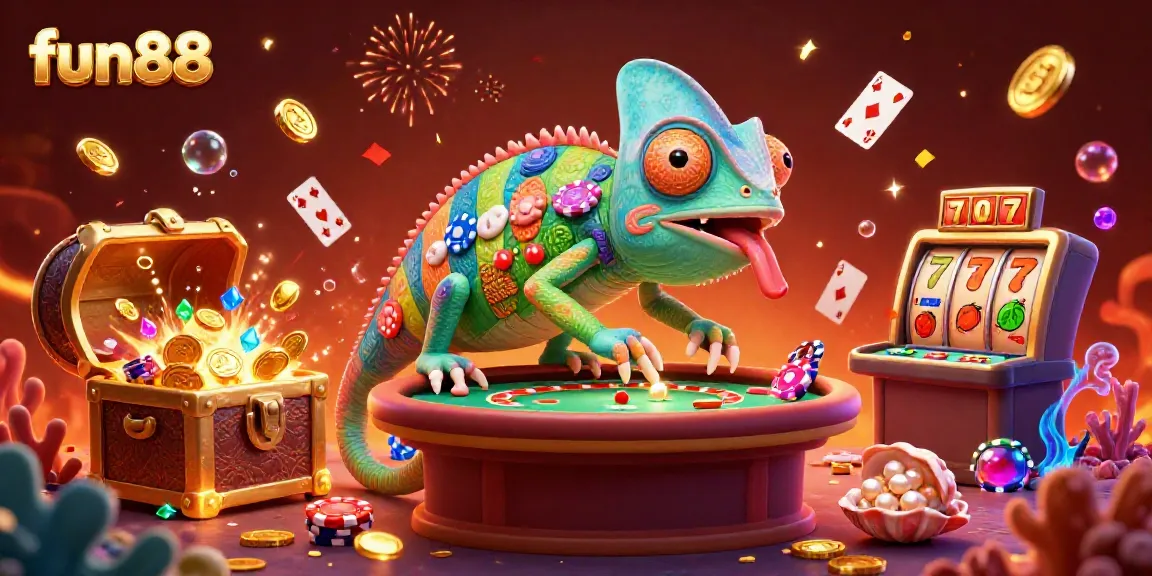Experience fun88 with a vibrant chameleon casino owner surrounded by dynamic game elements in a colorful 3D scene.