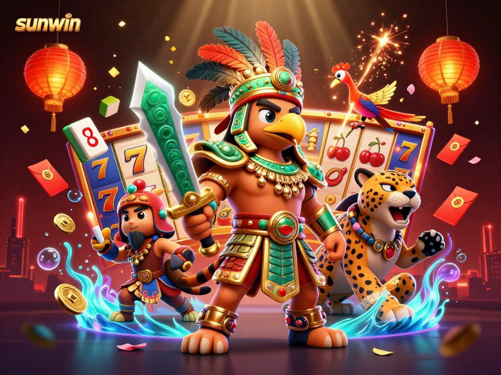 Engage in thrilling gameplay with sunwin's vibrant 3D casino scene featuring slots and warriors.
