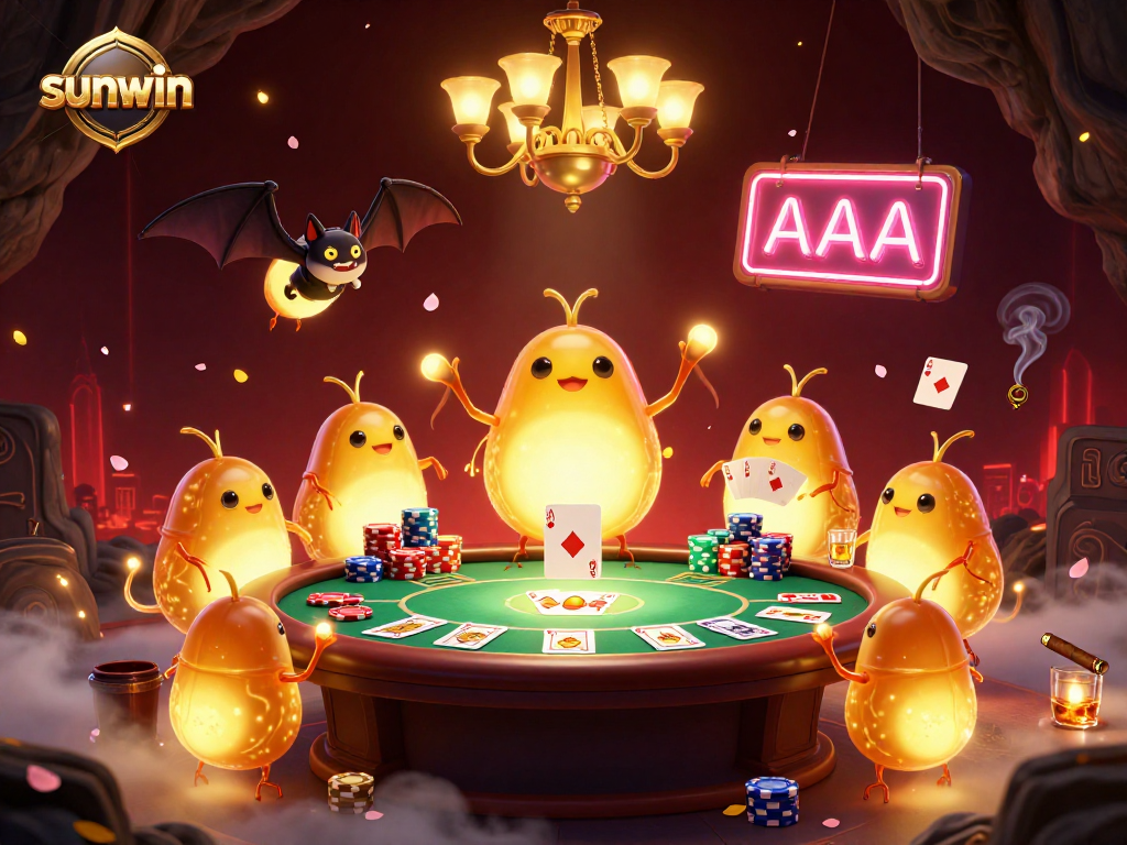 Experience the excitement of sunwin at a vibrant cave casino with animated glowworms and a bat dealer.