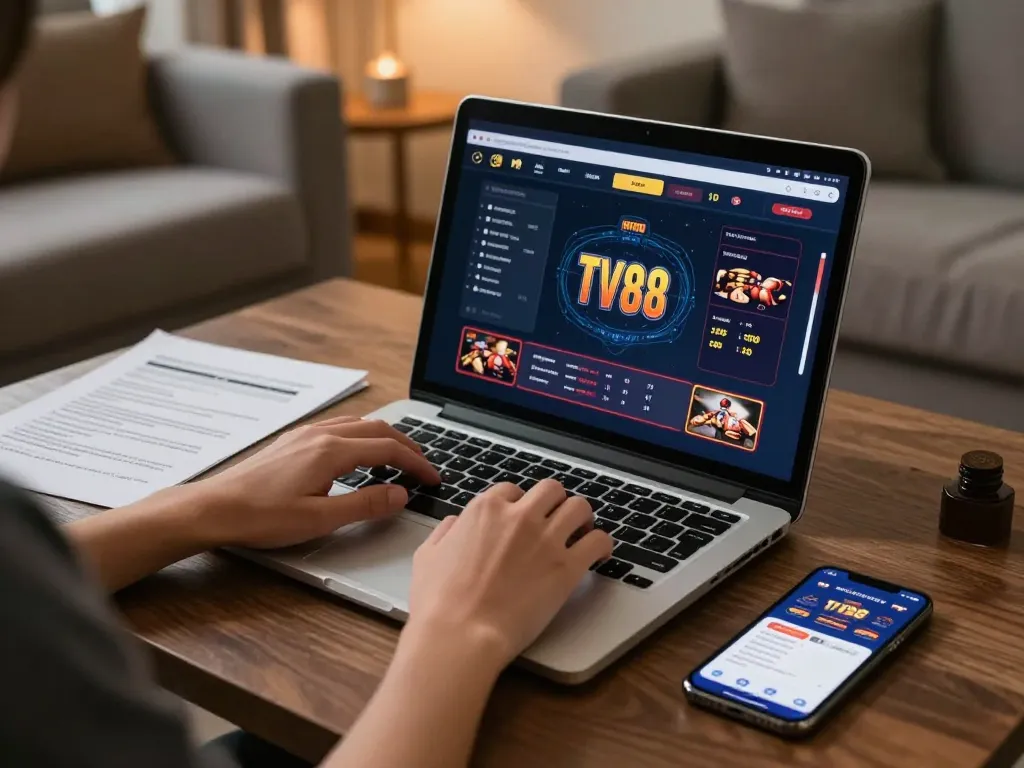 Person engaged with TV88 online casino on laptop while studying betting strategies at home.