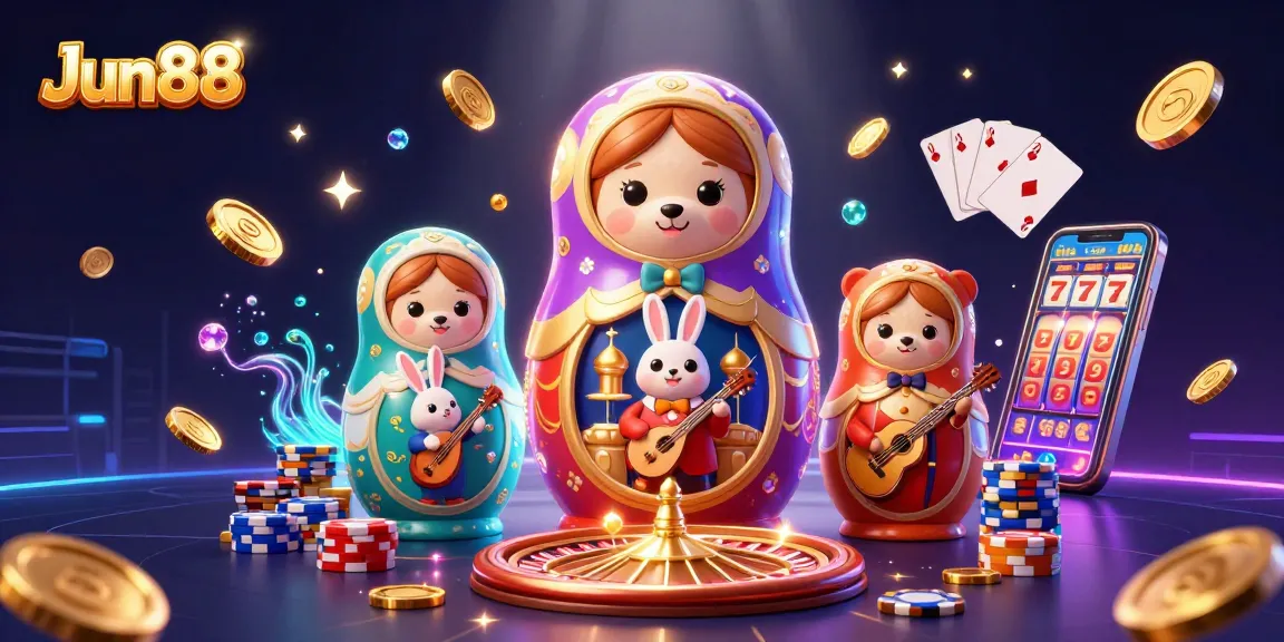 Win big at Jun88 with this vibrant 3D scene showcasing casino elements and characters.