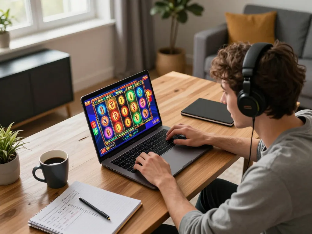 Engaged player at home using lc88 com for an immersive slot game experience with strategy notes.