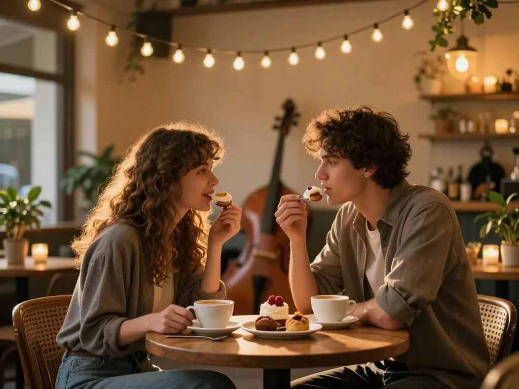 A young couple enjoying coffee and dessert, showcasing what it feels like to have a crush on someone in a cozy café.