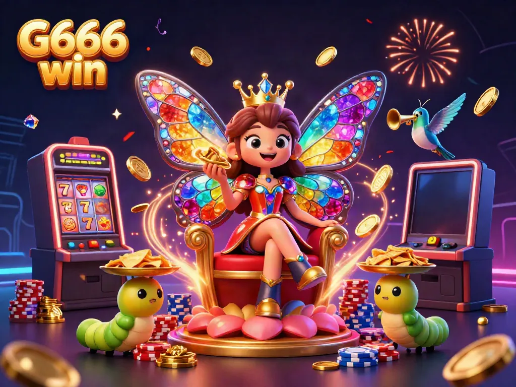 Experience the excitement of G666 win with this vibrant casino-themed 3D illustration featuring a butterfly queen.