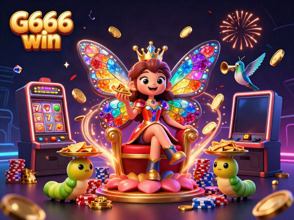 Experience the excitement of G666 win with this vibrant casino-themed 3D illustration featuring a butterfly queen.