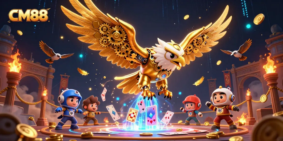 Experience dynamic gambling entertainment with CM88 featuring a golden eagle and holographic cards.