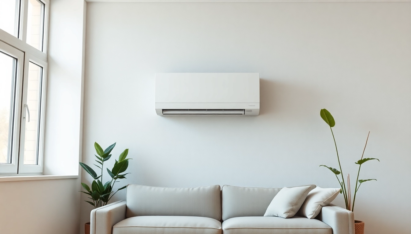 Install a mitsubishi mini split ac unit elegantly mounted on a modern wall with natural light.