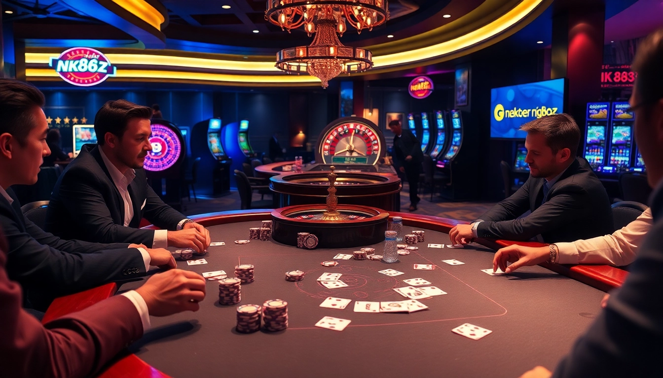 Gamblers enjoying poker at a luxurious casino table, highlighting https://nk88z.com/ for an immersive betting experience.