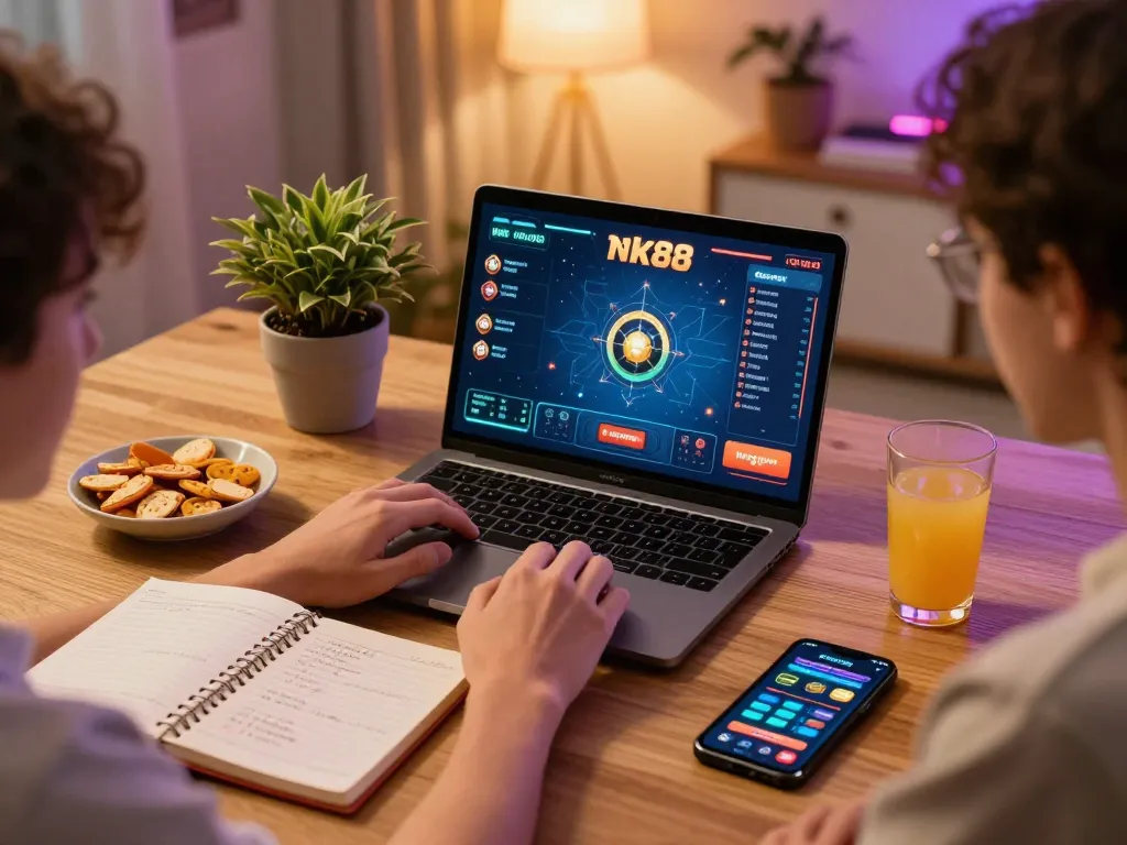 Engaging moment of a player strategizing on nk88 casino platform at home with notebook and snacks.