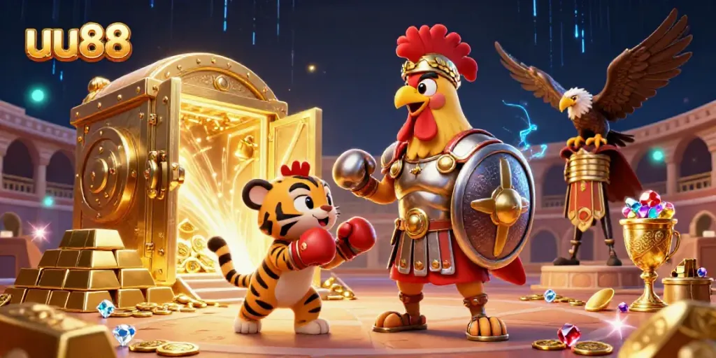 Experience thrilling action at uu88 with a rich 3D casino scene showcasing gladiator characters, gold treasures, and vibrant colors.