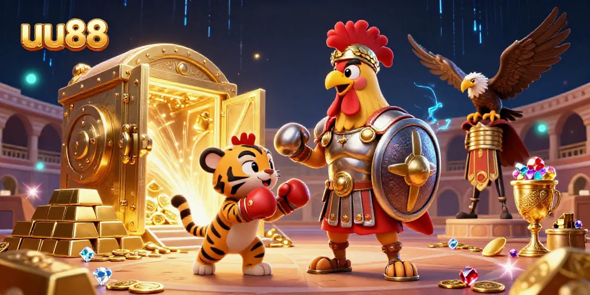 Experience thrilling action at uu88 with a rich 3D casino scene showcasing gladiator characters, gold treasures, and vibrant colors.